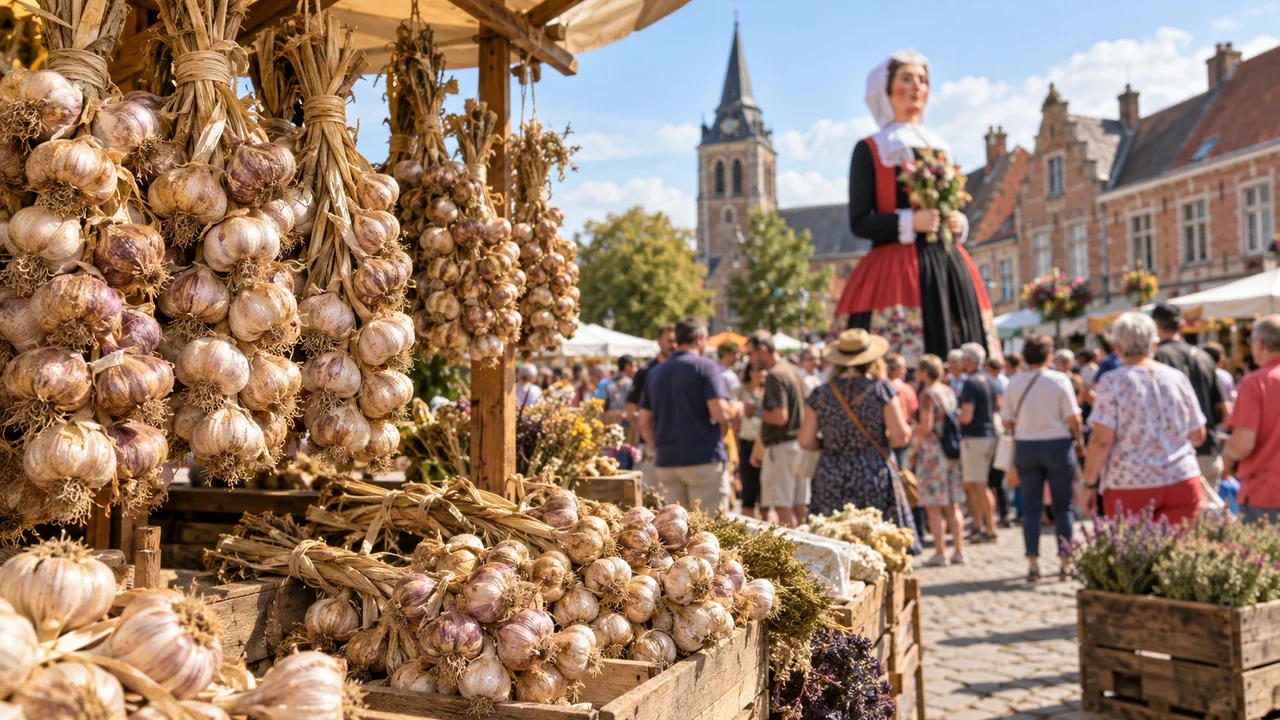 Illustration originale de tresses d’ail sur un marché festif du Nord