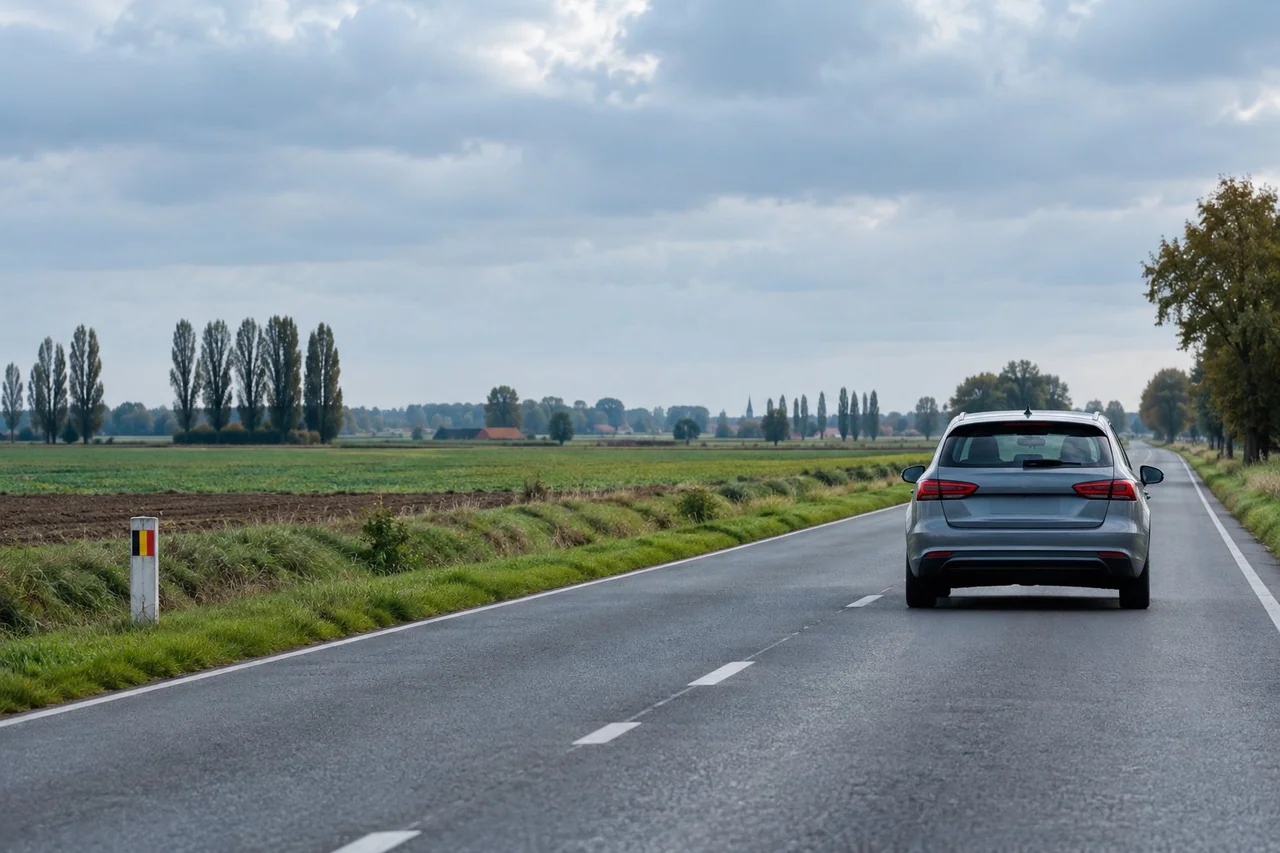 Illustration éditoriale d’une voiture sur une route de Flandre-Occidentale, près de la frontière franco-belge.