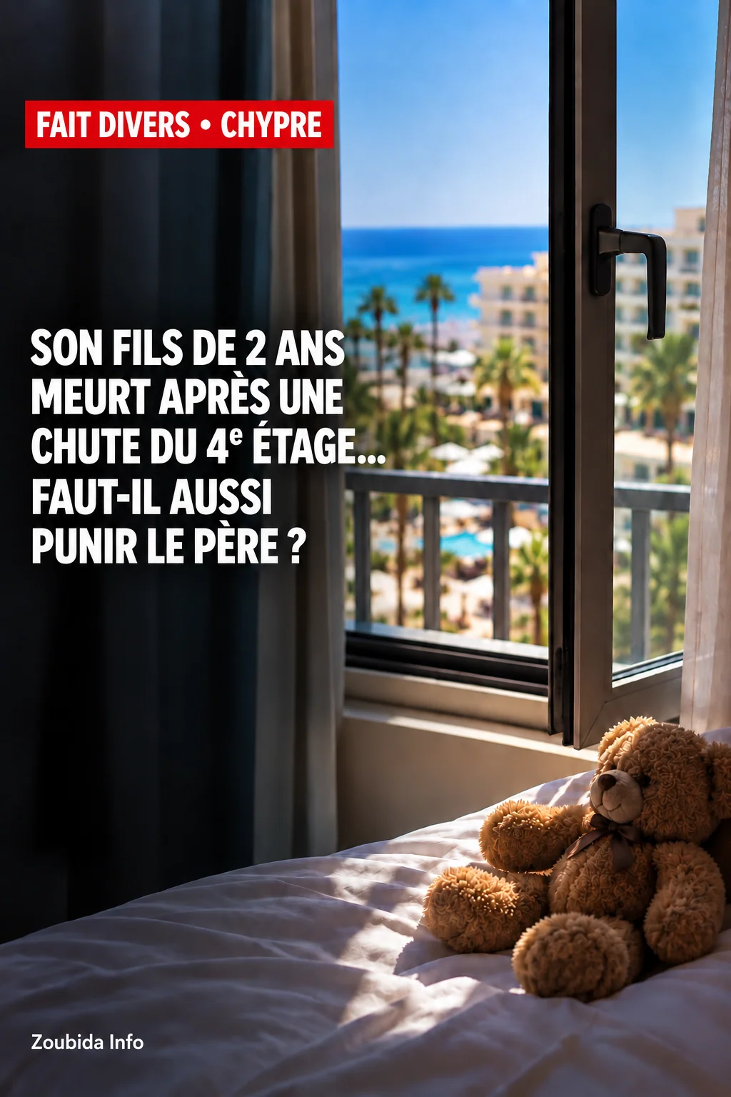 Illustration d’une fenêtre d’hôtel ouverte sur la mer et d’un ours en peluche, avec le titre de l’article