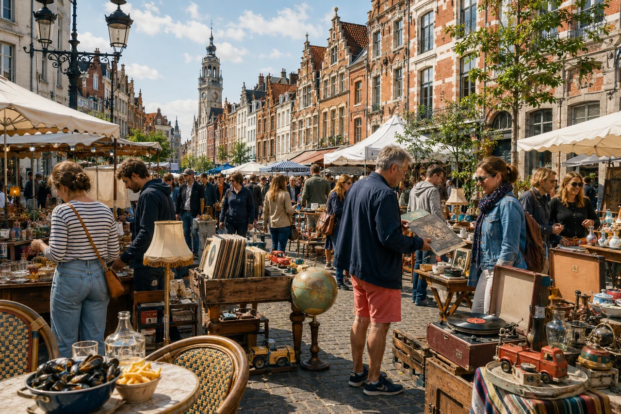 Illustration originale d’une rue de Lille animée par des stands de brocante