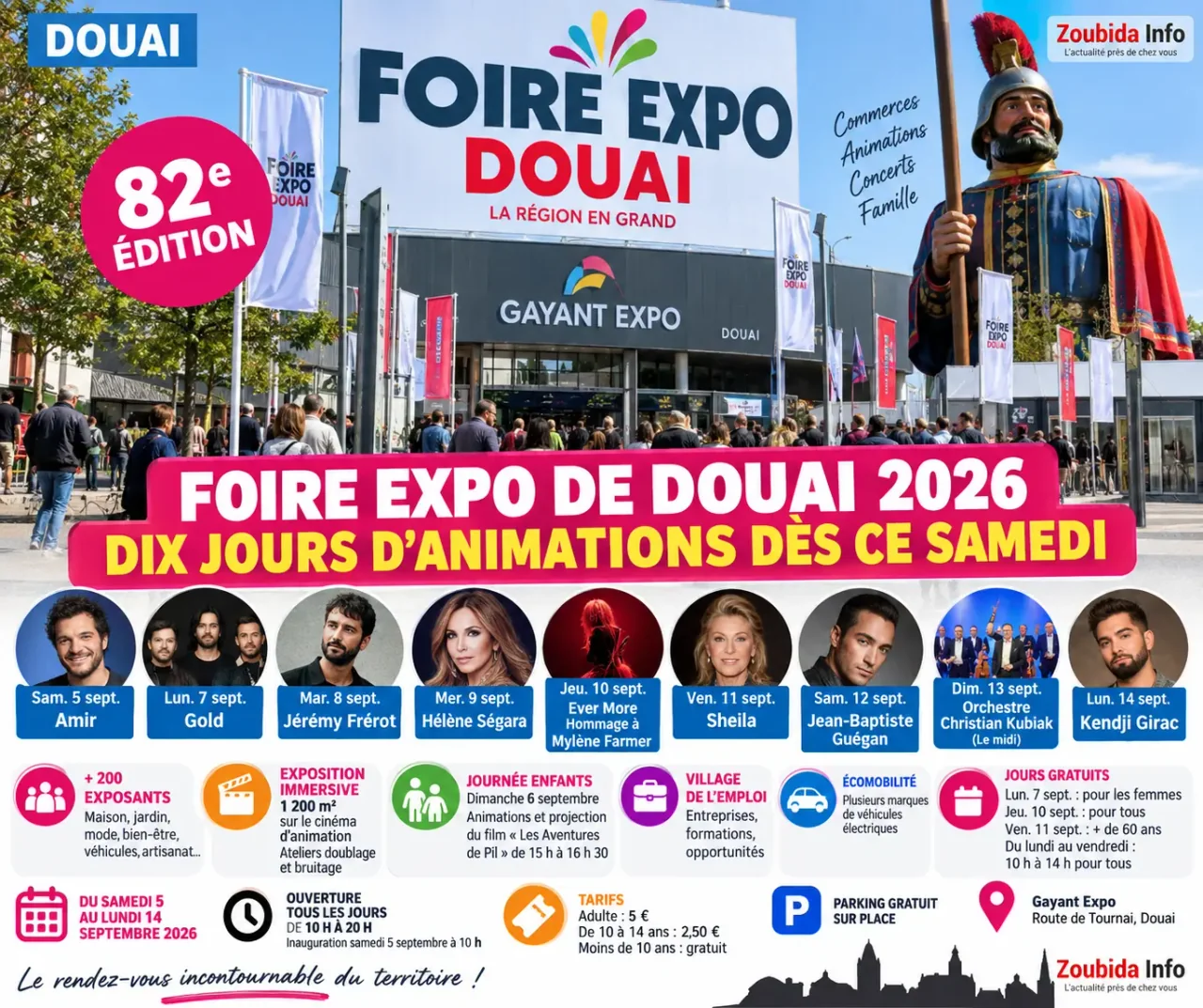 Affiche illustrée de la Foire Expo de Douai 2026 avec les artistes annoncés